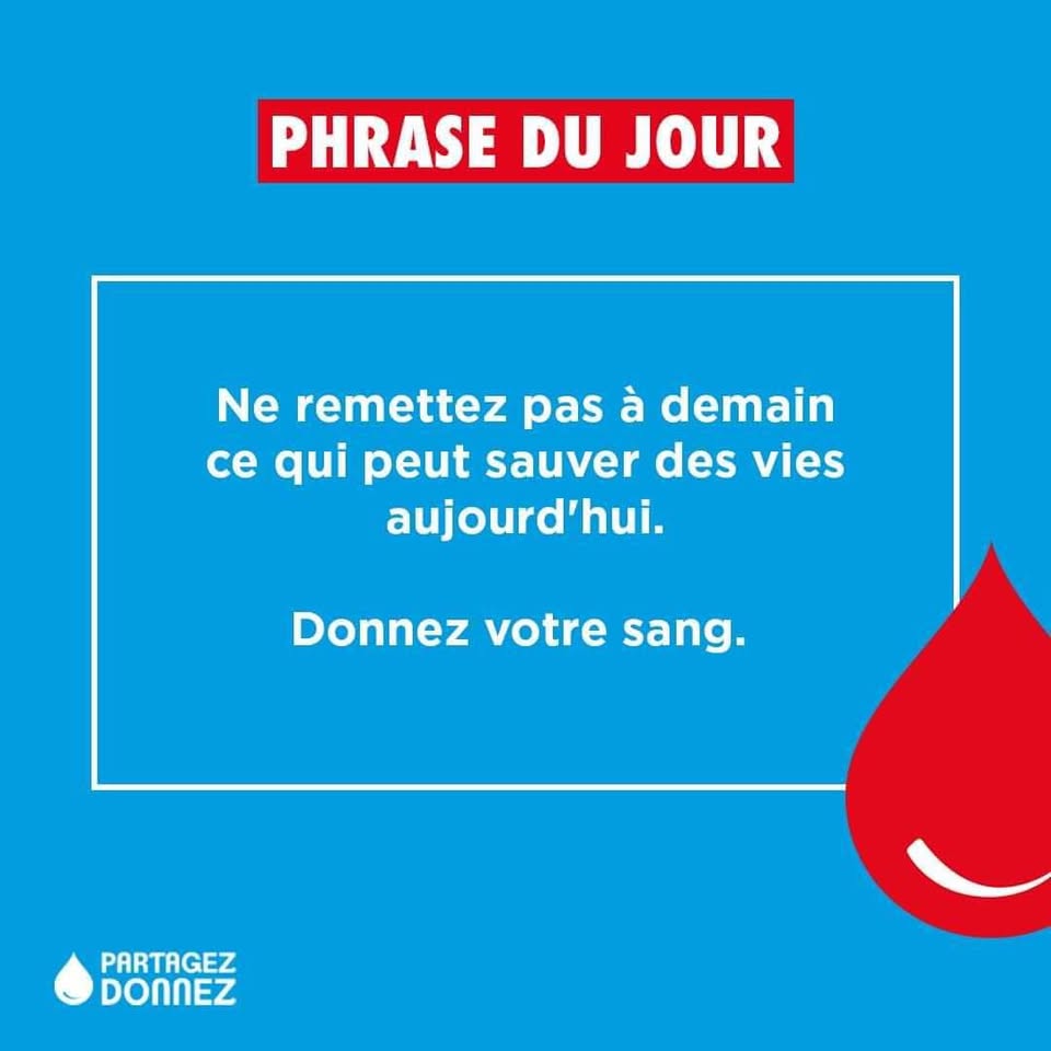 Visuel « Phrase du jour » : Ne remettez pas à demain ce qui peut sauver des vies aujourd’hui. Donnez votre sang.